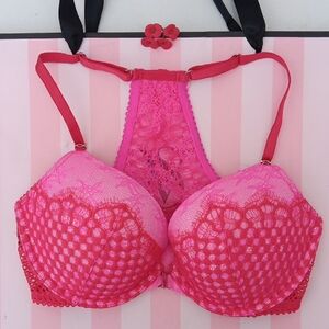 Victoria's Secret Hot Pink Lace Bra Very Sexy Push-up/pigeonnant Size 32D